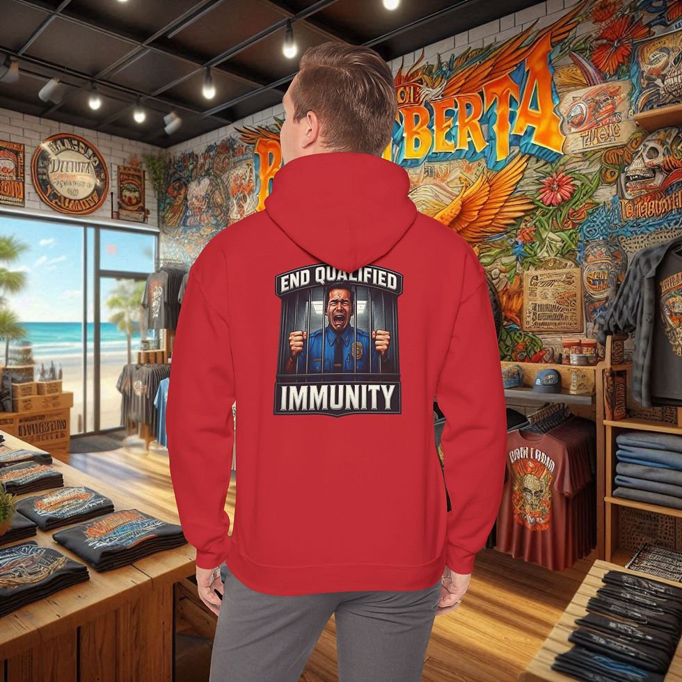 Thumbnail: Red hoodie with 'END QUALIFIED IMMUNITY' graphic