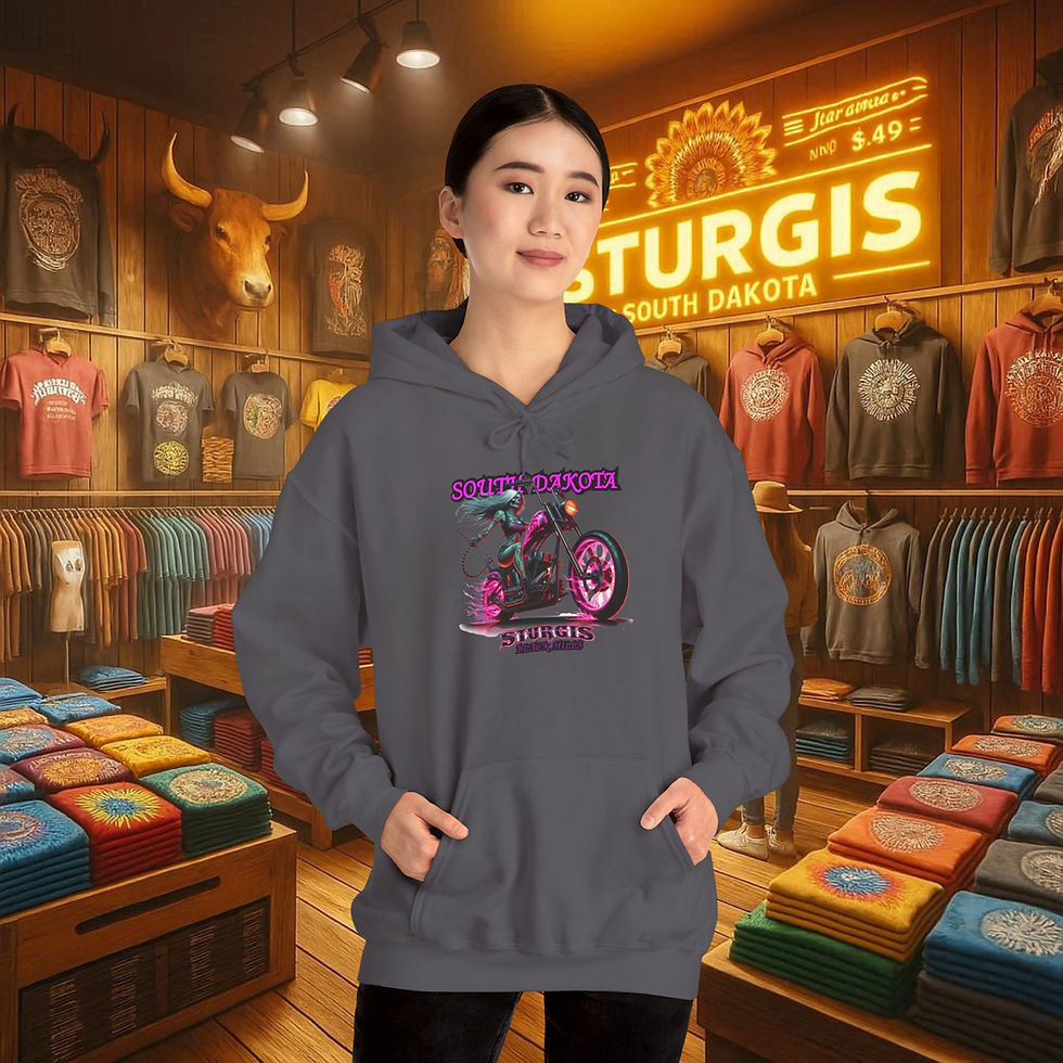 Thumbnail: Woman wearing Sturgis comfort hoodie with motorcycle graphic