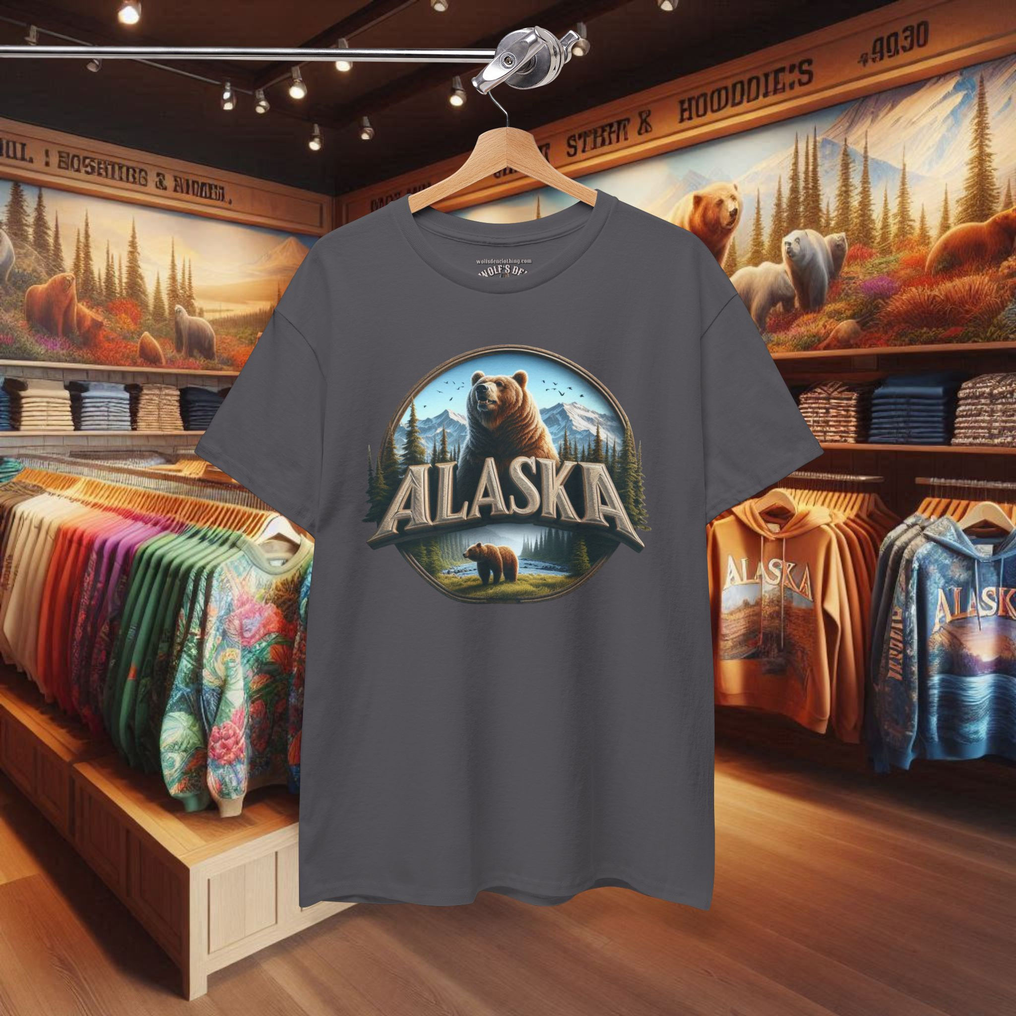 Gray t-shirt with Alaska graphic; Alaska Bear T-shirts for men, Bear Tees, Alaska Bear shirts.