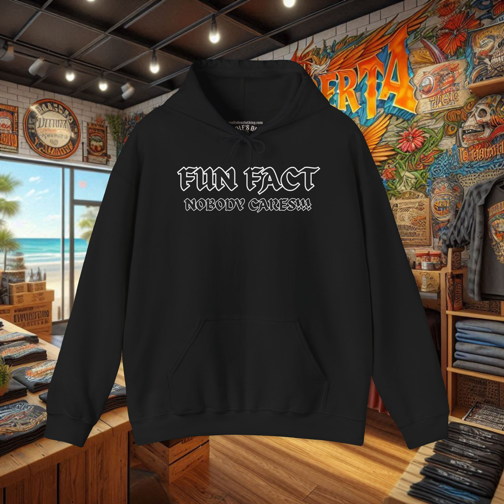 Black comfort hoodie with 'FUN FACT NOBODY CARES' text
