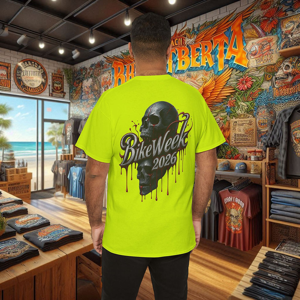 Thumbnail: Man's back, neon yellow biker t-shirt with Bike Week 2026 skull outlaw graphic.
