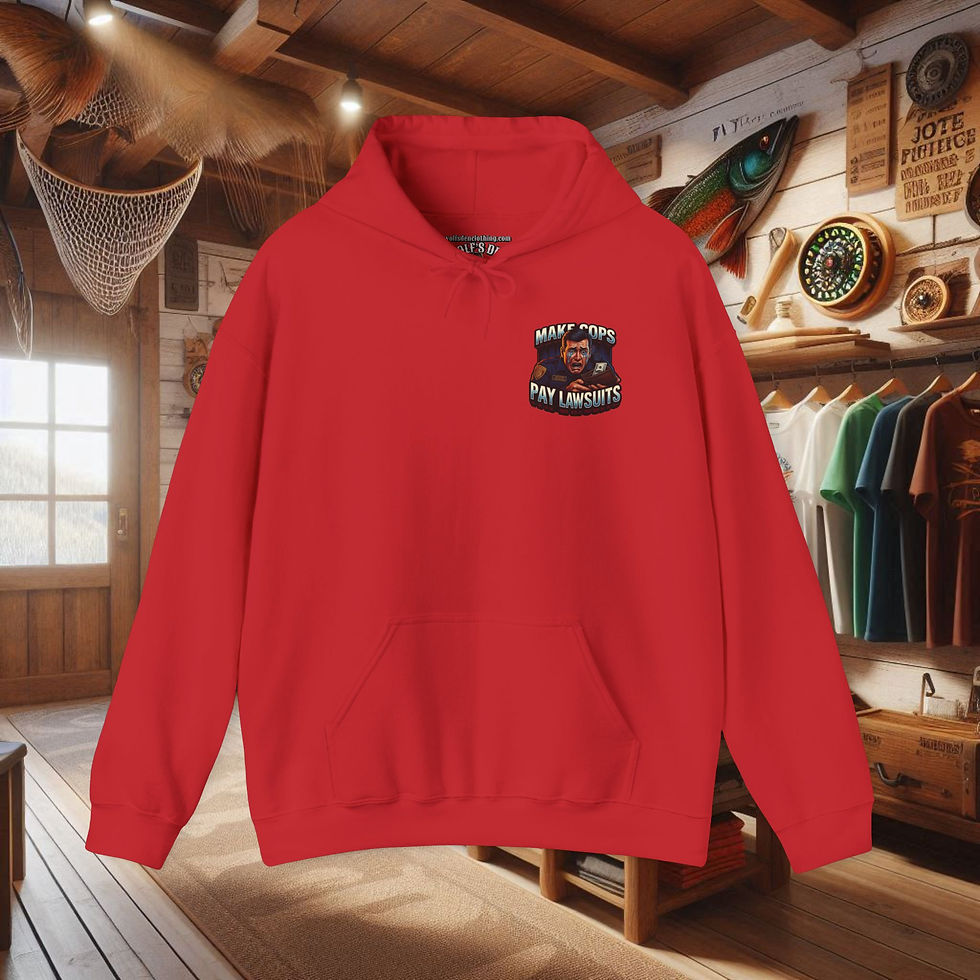 Thumbnail: Red police accountability hoodie, 'MAKE COPS PAY FOR LAWSUITS'