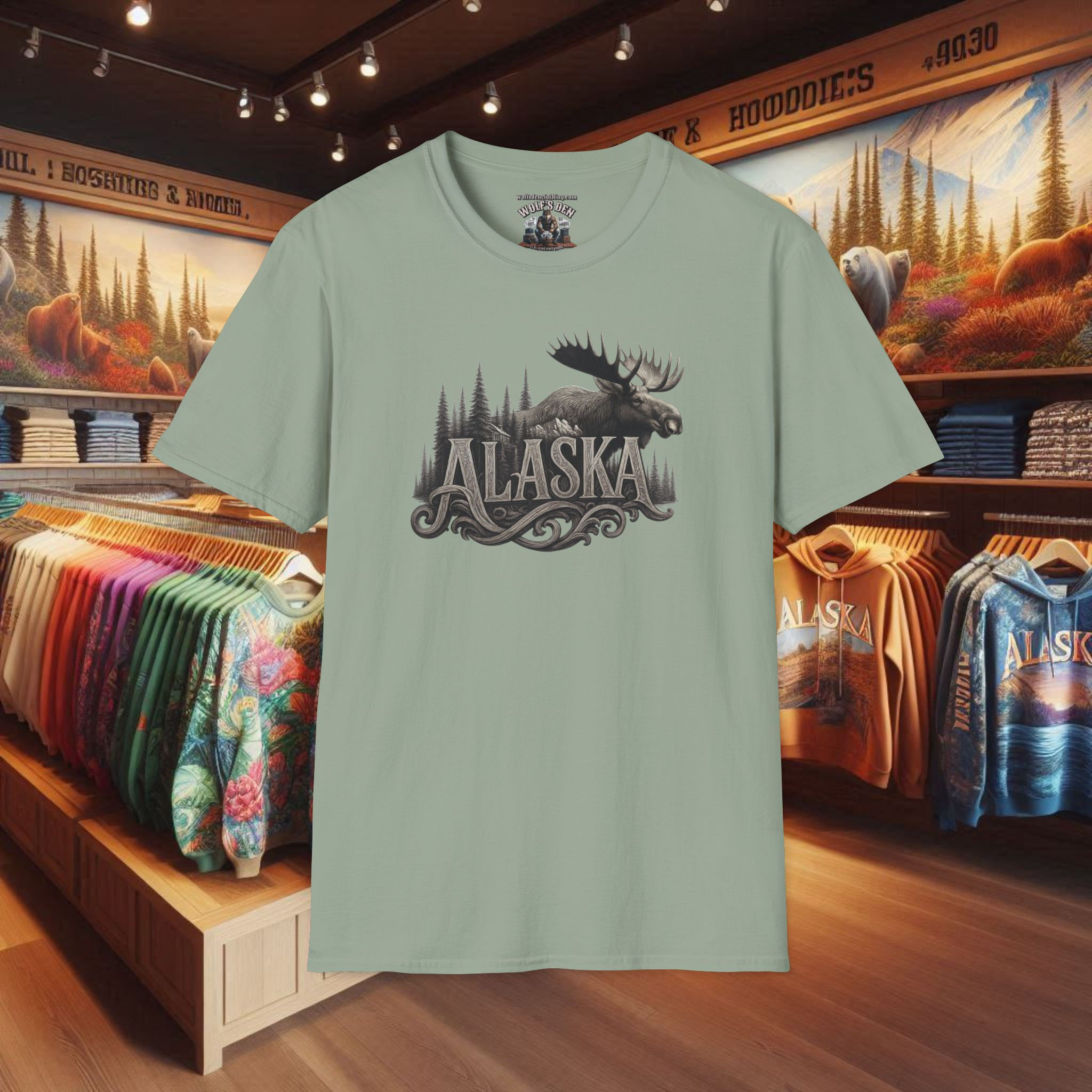 Green Alaska Moose T-shirt for Women, shirts, tees with vintage design in store