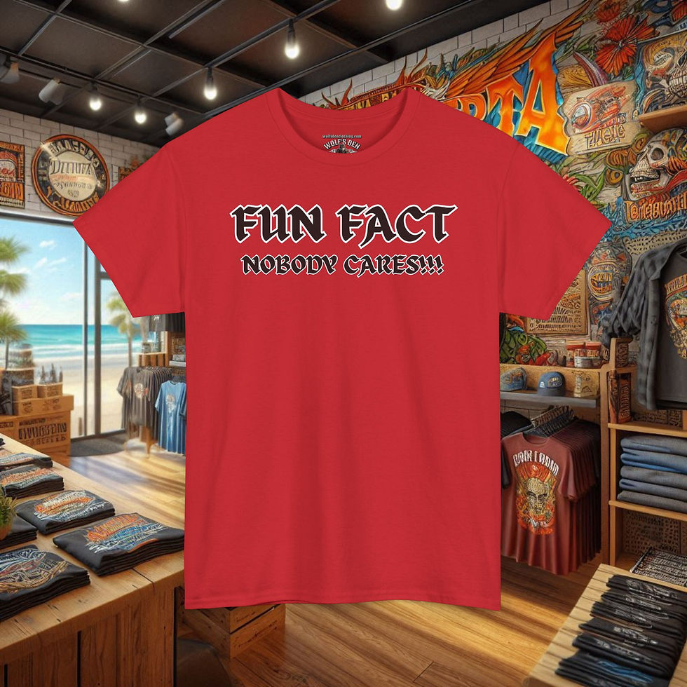 Thumbnail: Red t-shirt with text Fun Fact Nobody Cares