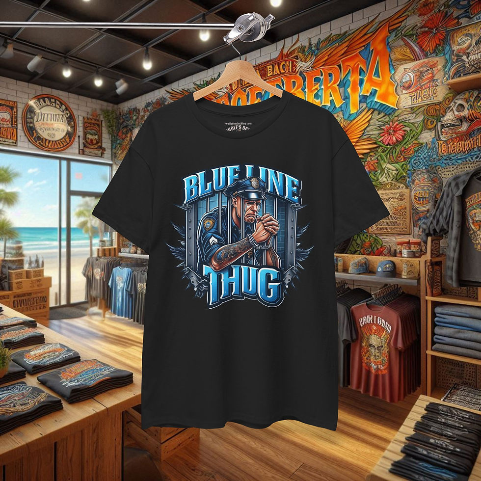 Thumbnail: Funny police accountability shirt, 'BLUE LINE THUG' design.