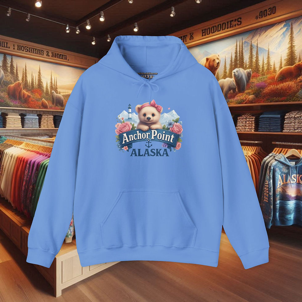 Light blue hoodie featuring Anchor Point Alaska bear cub graphic. Alaska Bear cub Hoodies for Women, Anchor Point Bear cub sweatshirt. Wolf's Den Clothing and more. https://www.wolfsdenclothing.com