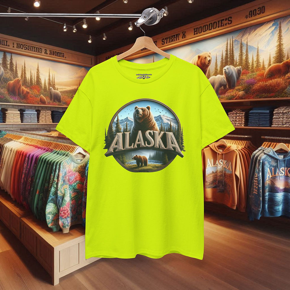 Thumbnail: Bright yellow Alaska bear t-shirt on display, Bear Tees, Alaska Bear shirts. Wolf's Den Clothing and more. https://www.wolfsdenclothing.com