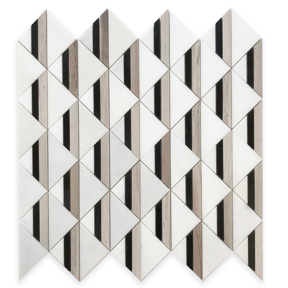 Thumbnail: A contrasting, contemporary geometric triangle pattern created by using different marbles in white, black & taupe