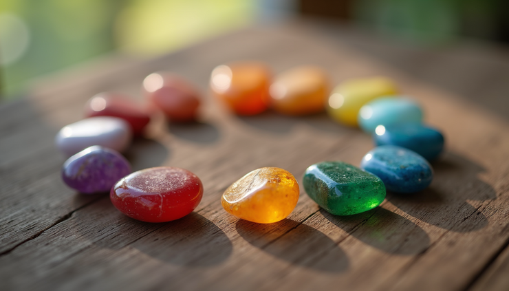 Close-up view of colorful chakra stones arranged in a circle on a wooden surface