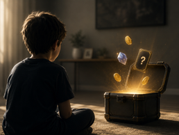 Criança vendo caixa de loot boxe/caixa de recompensa.