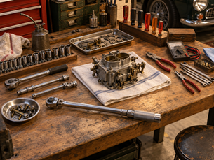Quality restoration tools arranged around a classic carburetor
