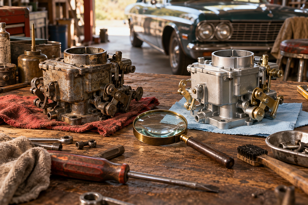 Original and restored classic-car carburetors compared on a workbench