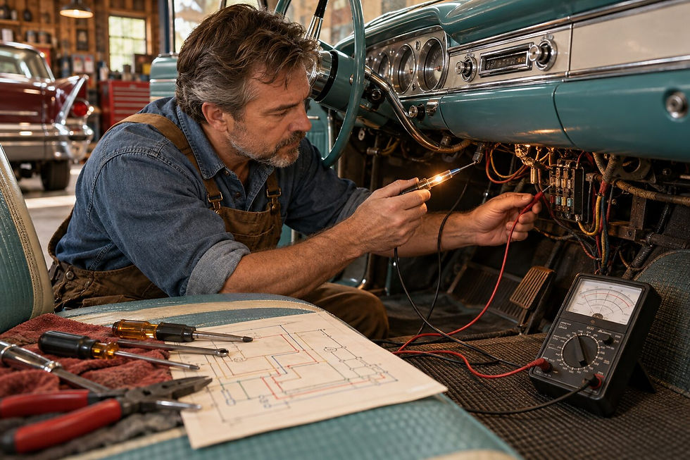 Restorer using a multimeter and test light to diagnose wiring beneath the dashboard of a 1960s classic car.