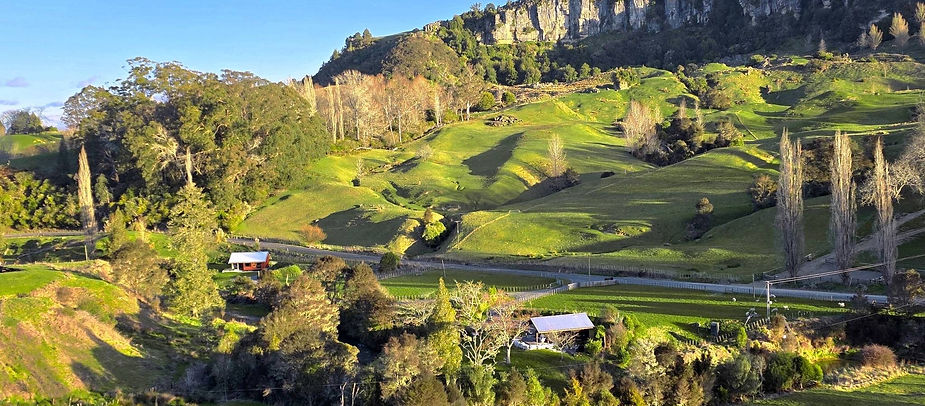 View of Ripples Retreat cabins beside the river in Piopio, Waitomo — luxury farm stay accommodation