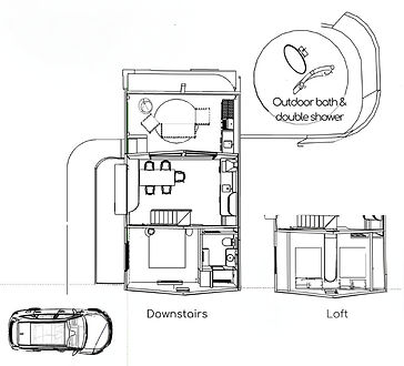 Line drawing of Cascade cabin floor plan at Ripples Retreat