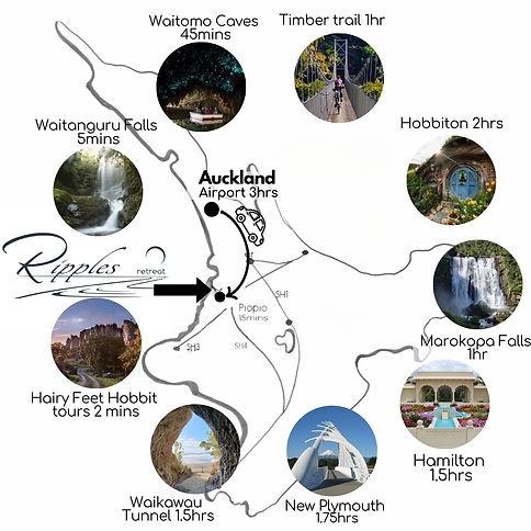 Map showing Ripples Retreat in Piopio, Waitomo with nearby attractions including Waitomo Caves, Hobbiton and Marokopa Falls