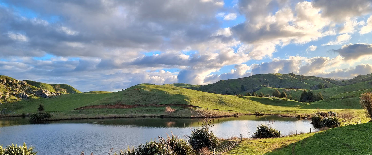 Lakes and rolling countryside surrounding Ripples Retreat near Waitomo, New Zealand.