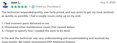 Customer review for OSP Appliance Experts