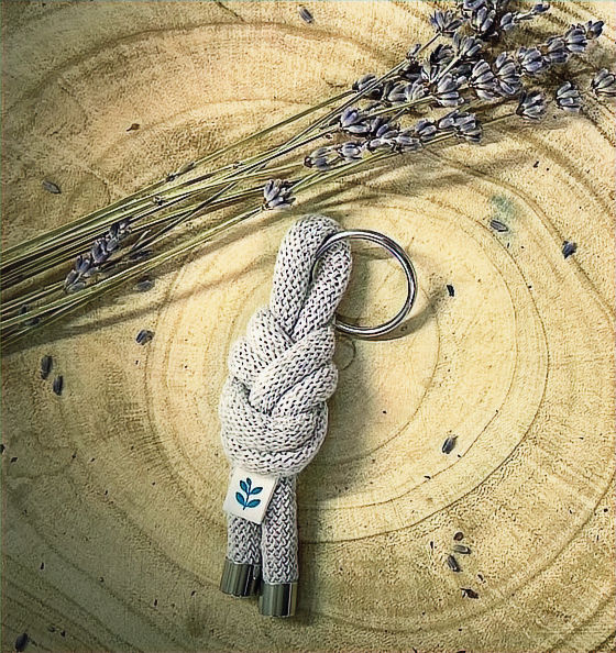 Thumbnail: Hand tied recycled cotton keyring in soft grey