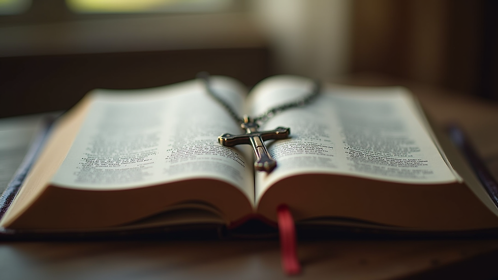 Close-up view of an open Bible with a cross pendant resting on the pages