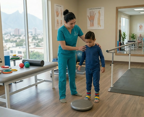 PAciente pediatrico realizando fisioterapia en SIS rehabilitación Monterrey