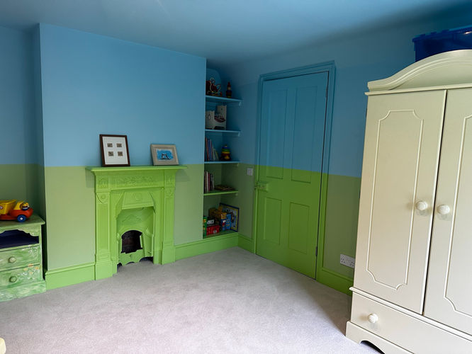 <img src="your-image.jpg" alt="Funky idea with the top half of the room being painted in blue and the bottom half in green">
