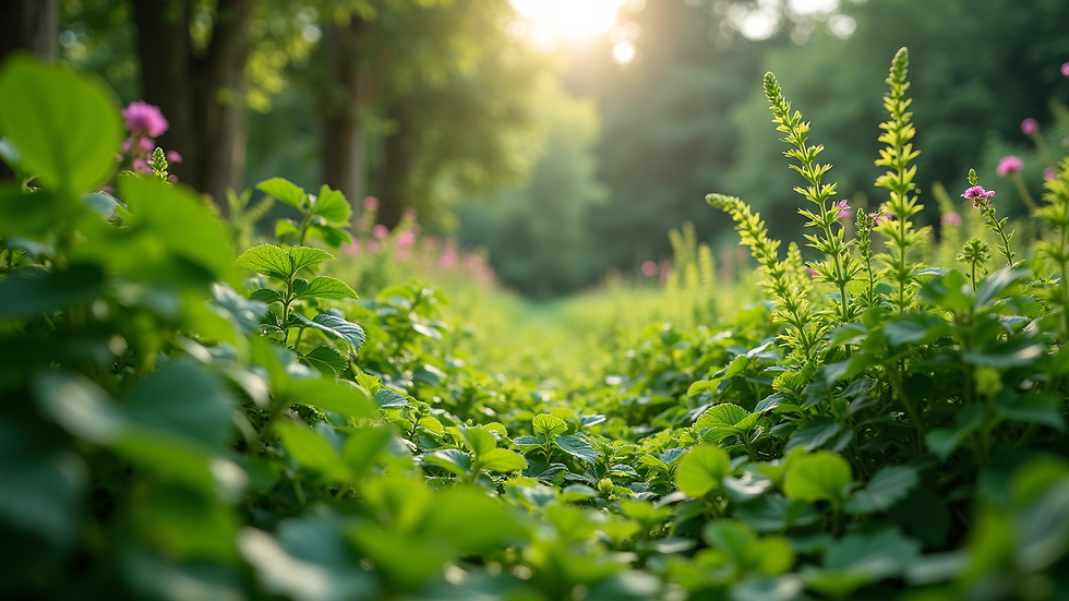 Eye-level view of a lush green garden with diverse plants