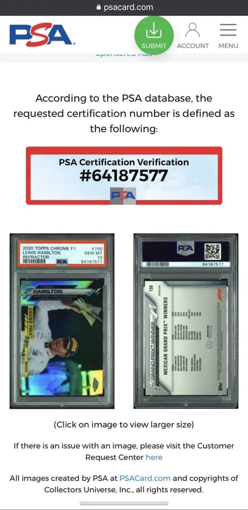 Thumbnail: 2020  Topps Chrome F1 Lewis Hamilton Refractor #150 PSA 10 GEM MINT POP 4