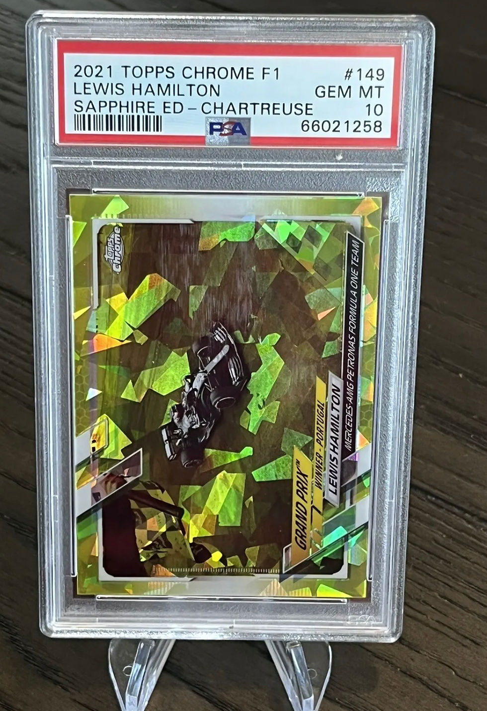 Thumbnail: 2021 Topps Chrome Sapphire F1 #149 Lewis Hamilton Chartreuse /199 PSA 10 POP 2!!
