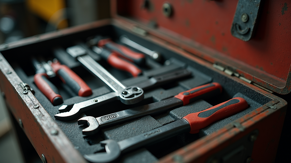 Eye-level view of a toolbox filled with tools
