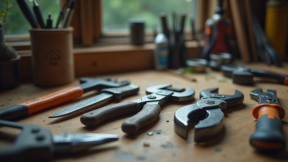 Close-up view of handyman tools laid out on a workbench