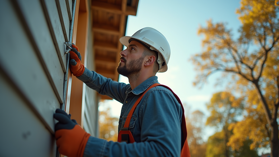 Wide angle view of a handyman working on home exterior repairs