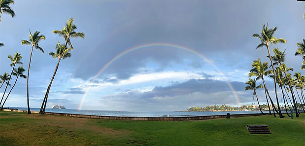 Panoramic oceanfront view in Kona, Hawaii, with a full rainbow arching across the cloudy sky, framed by palm trees and a green lawn, with a cruise ship on the water in the distance.