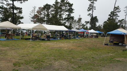 Outdoor market with tents and vendors on a grassy field; cloudy day.