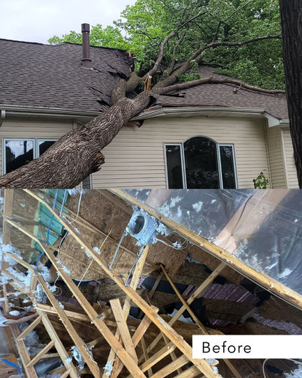 Severe roof damage caused by fallen tree before restoration by 1st Call Construction & Exteriors in Minnesota, showing structural damage prior to repairs.
