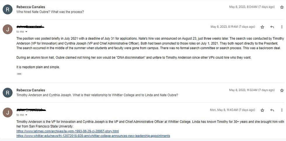 Emails between Rebecca Canales and the Save Whittier College Group discussing Nate Oubre Hire