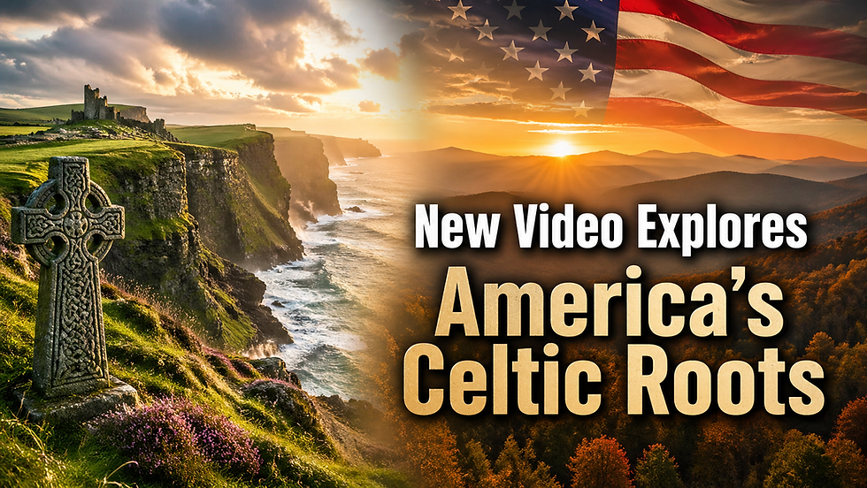 Celtic cross on cliffs with castle ruins under dramatic sky blends into US flag and sunset over mountains. Text: New Video Explores America's Celtic Roots.