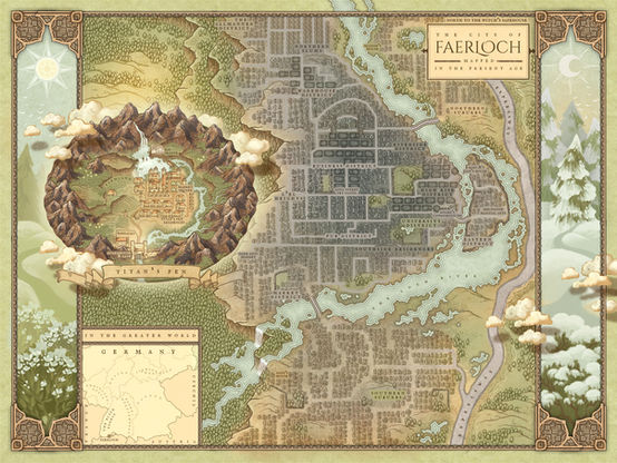 Faerloch city map with inset of Titan's Fen by Cartographybird