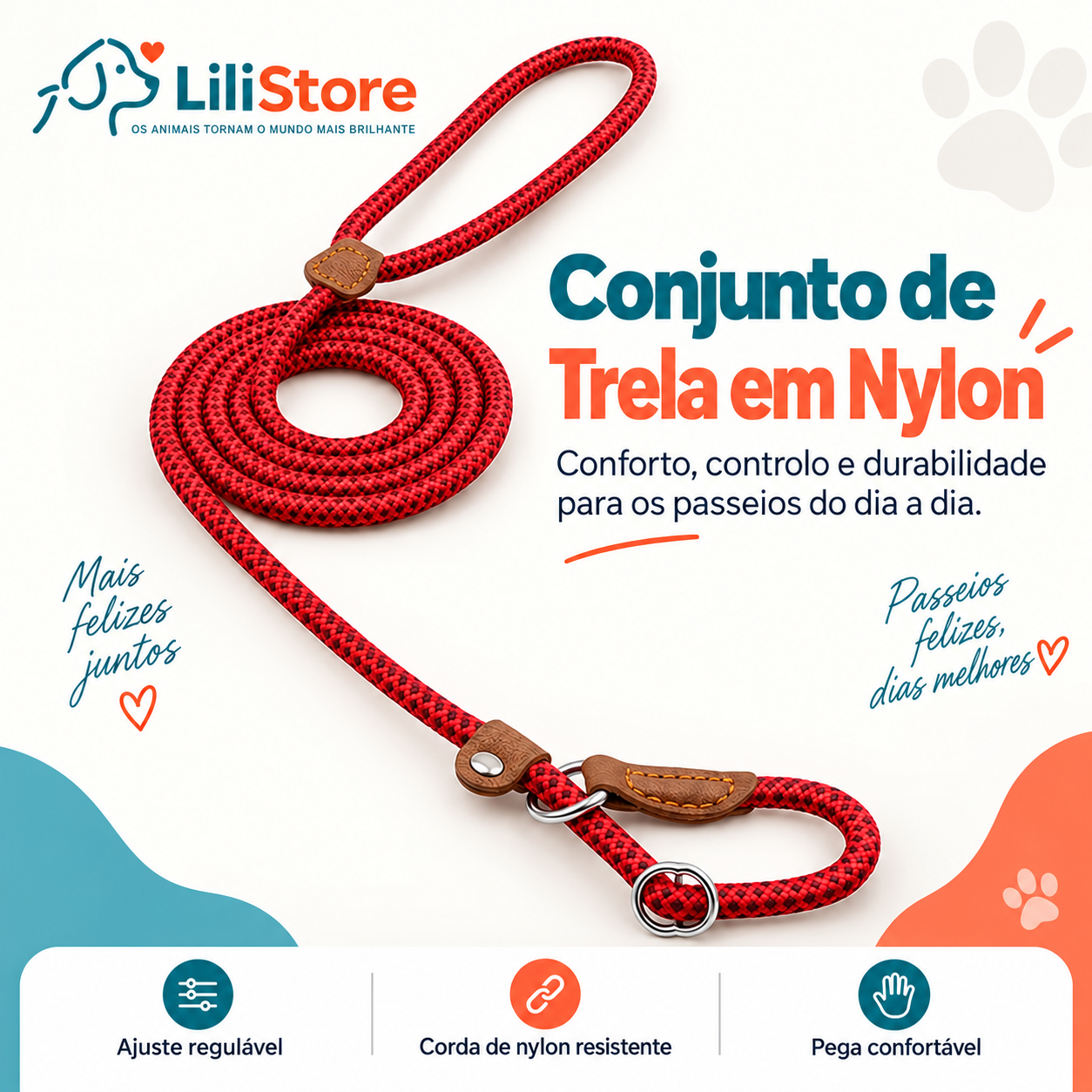 Trela de Laço em Nylon Entrançado para Cão – Ajustável para Treino – imagem do produto 1