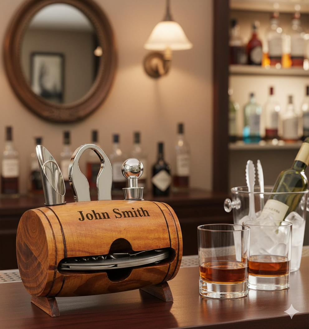 Personalized Engraved Wine Barrel Accessory Set (4-Piece)