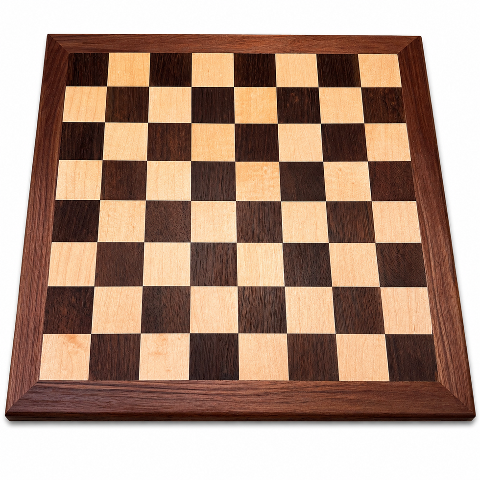 Custom 19-inch hardwood chess board with Black Walnut frame, Hard Maple, and Peruvian Walnut squares