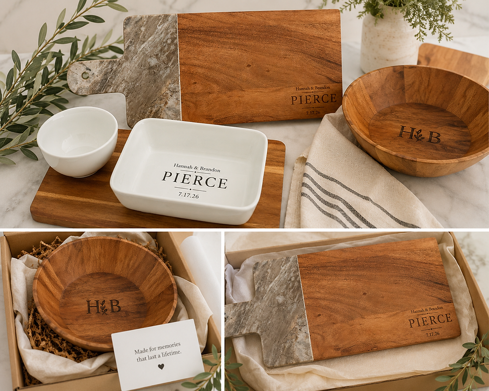 Collage of personalized wedding gifts featuring an engraved wood serving board, wood bowl with H & B initials, and white ceramic bakeware engraved with Hannah & Brandon Pierce and their wedding date, 7.17.26