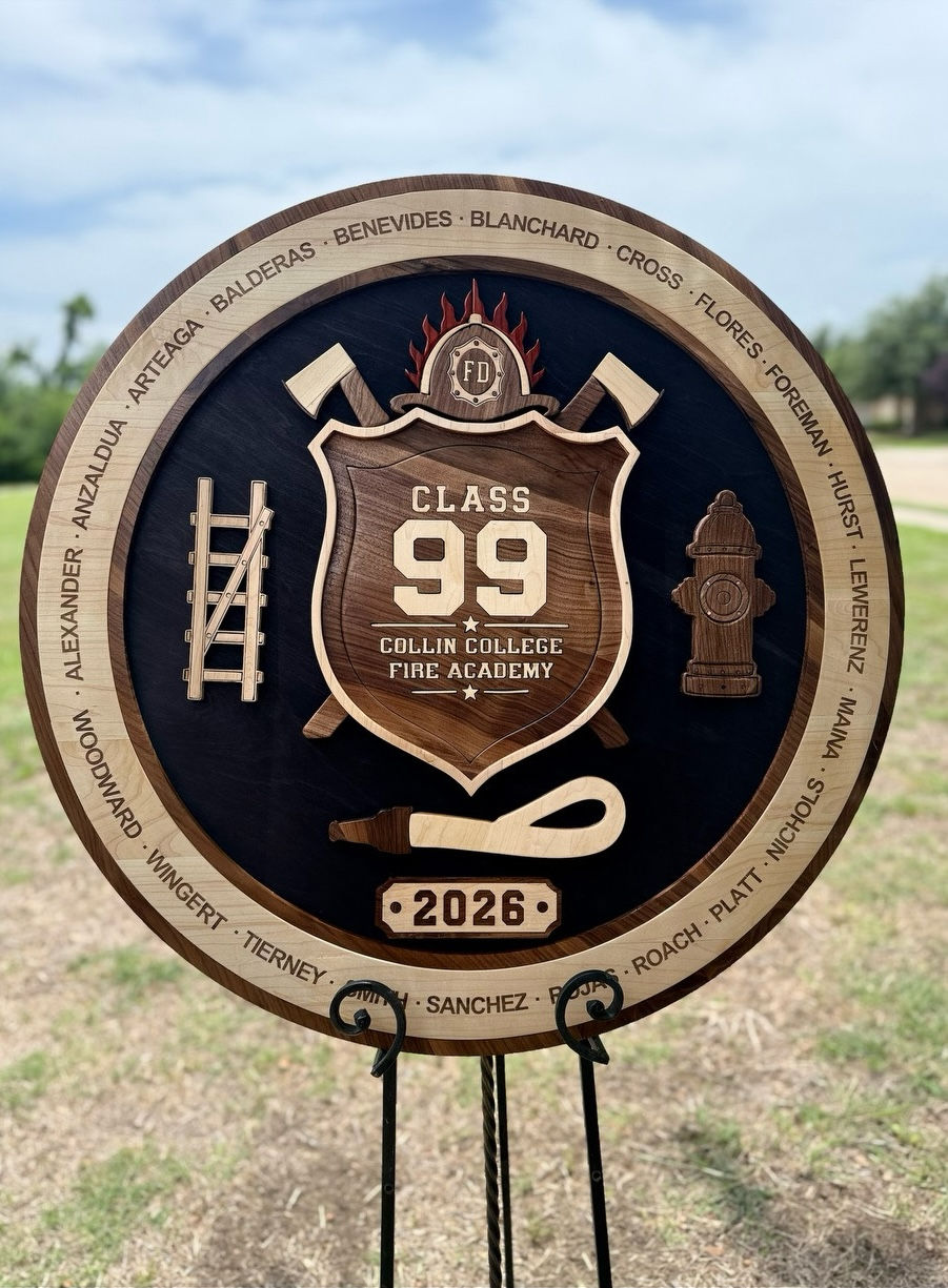 Decorative firefighter-themed plaque with axes and ladder.
