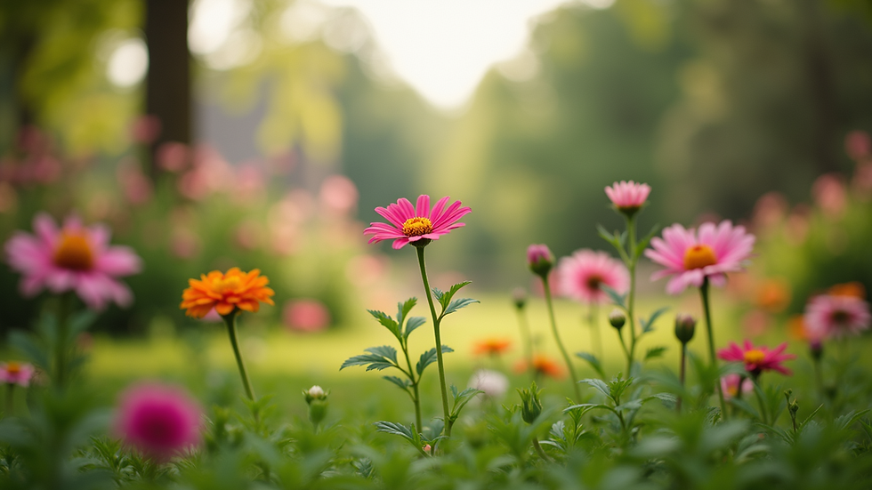 Eye-level view of a serene garden with blooming flowers