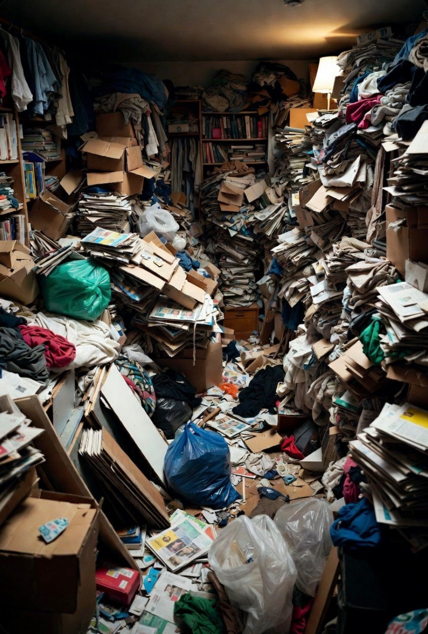 Cluttered room requiring hoarding deep cleaning services.