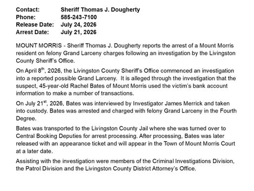 FELONY ARREST IN THE TOWN OF MOUNT MORRIS