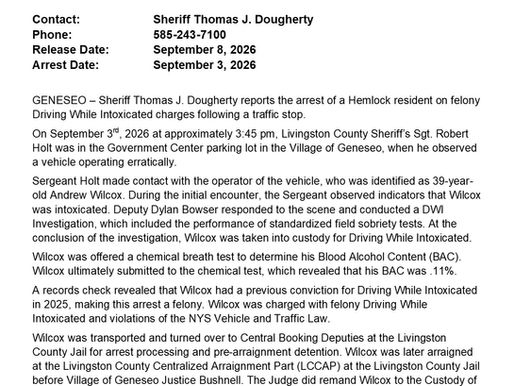 FELONY ARREST IN THE VILLAGE OF GENESEO