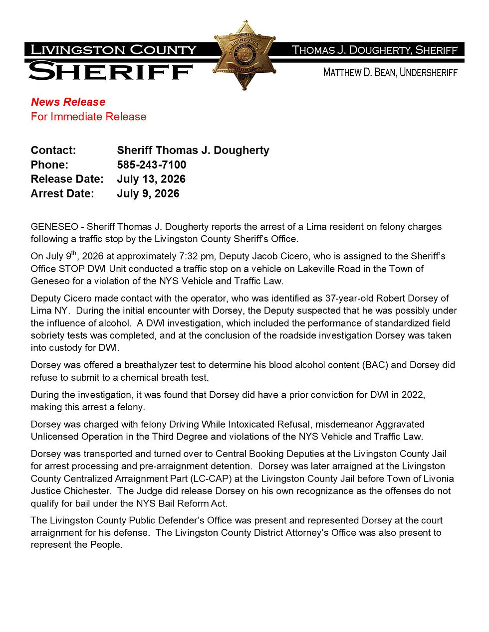 FELONY ARREST IN THE TOWN OF GENESEO