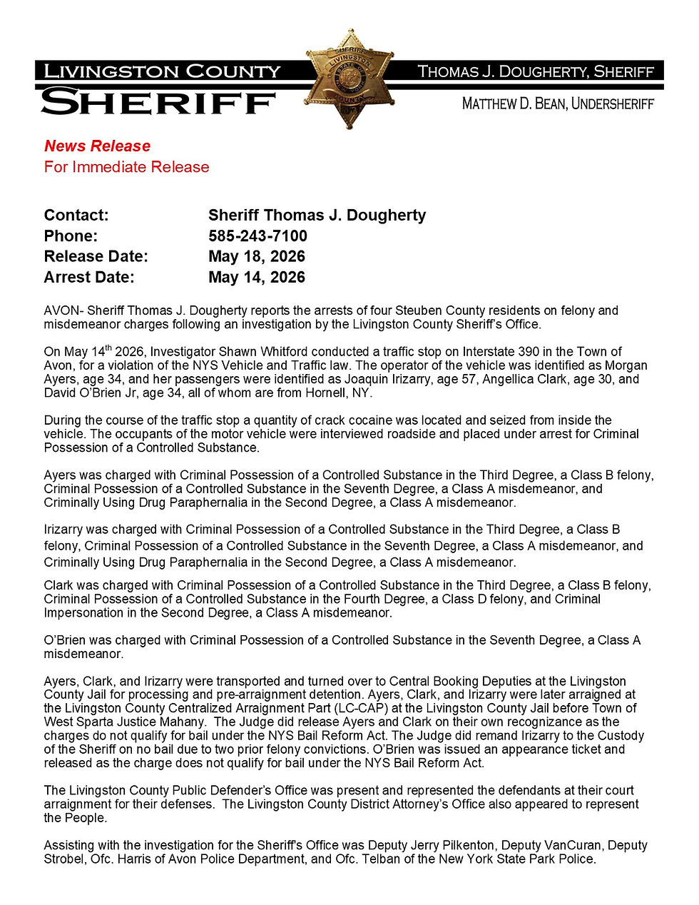 FELONY ARREST IN THE TOWN OF AVON