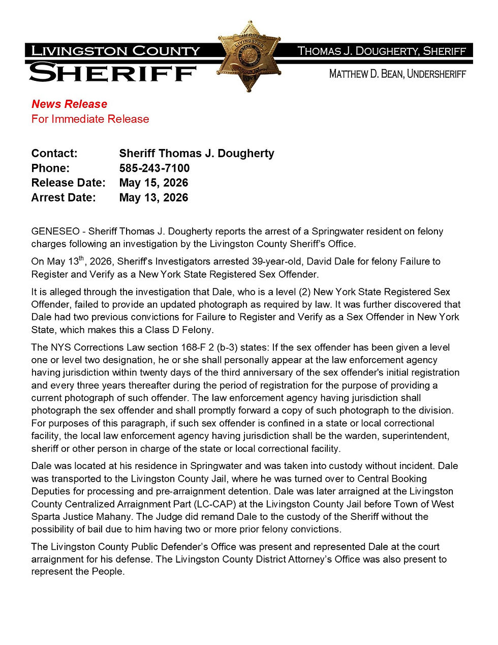 FELONY ARREST IN THE VILLAGE OF GENESEO
